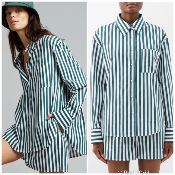 The Frankie Shop Lui Organic Cotton Shirt in pine stripe New with Tags! - Picture 2 of 7